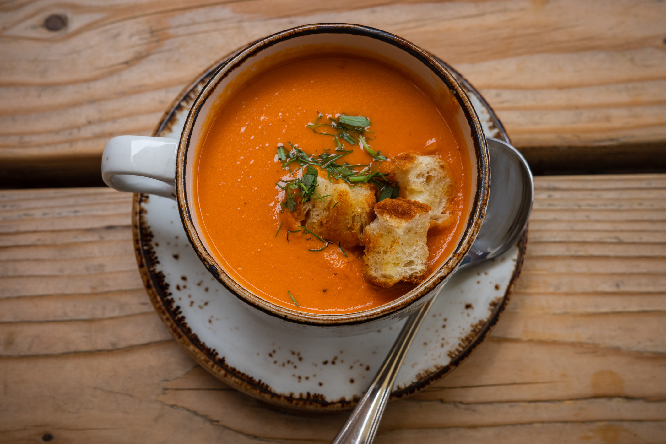 Creamy tomato soup with croutons