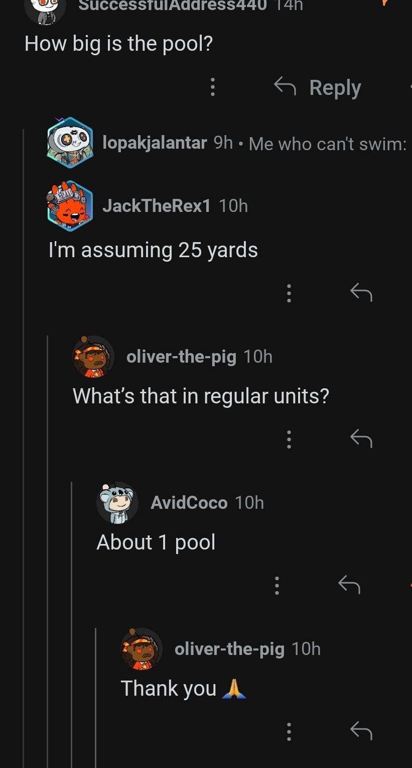 Someone asks how big a pool is, and someone responds about 1 pool size