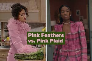 90s hilary banks wearing a pink feathery outfit and current day hilary banks wearing a pink plaid blazer