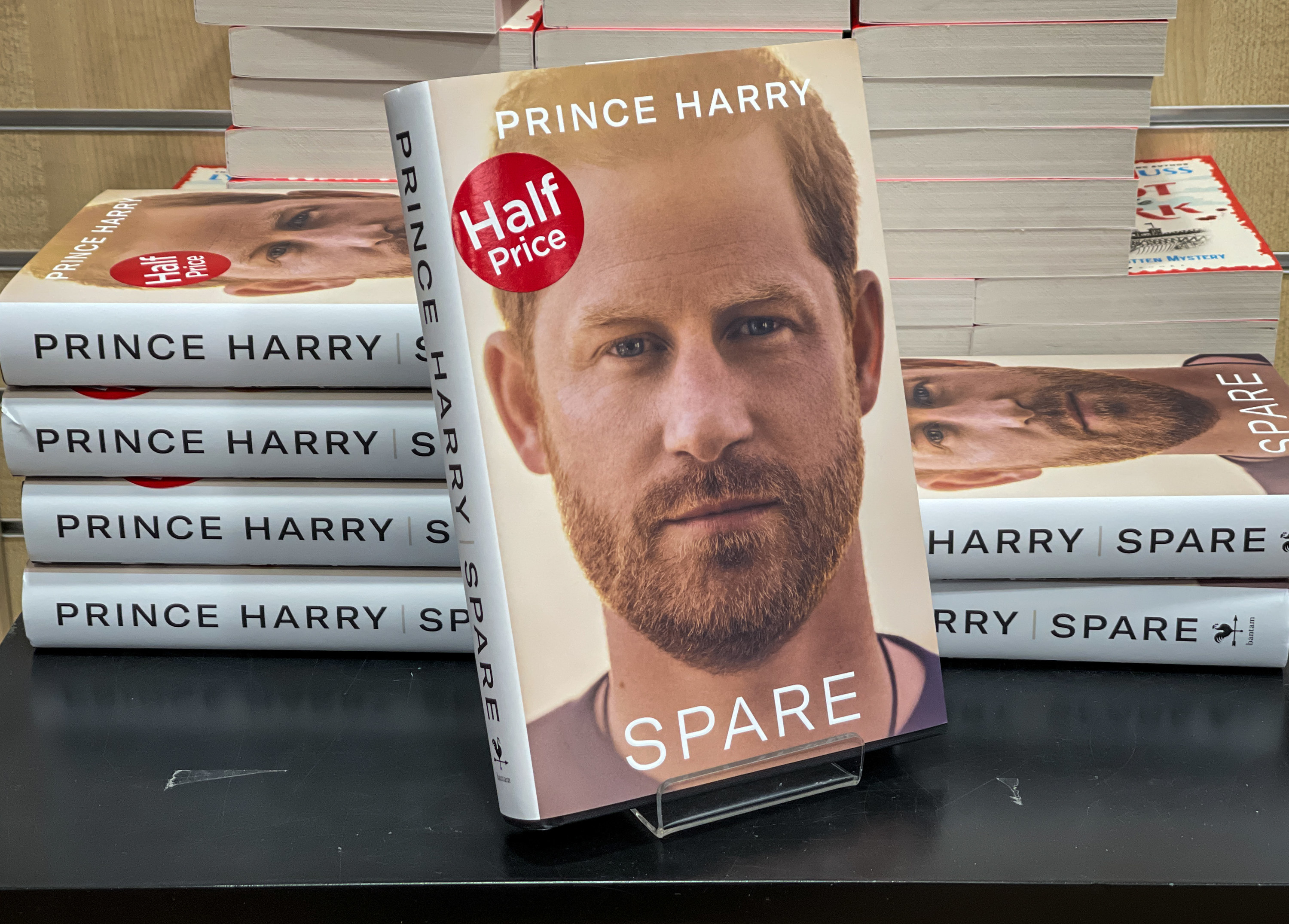 A closeup of a stack of Prince Harry&#x27;s memoir