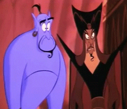 the genie from aladdin with his jaw dropped, standing next to jafar