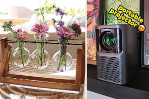 three vases filled with mini bouquets, a portable emotn projector