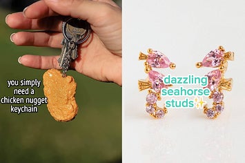 to the left: a chicken nugget keychain, to the right: pink cz studded searhorse earrings