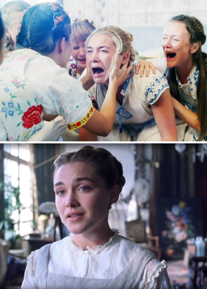 Florence screaming while surrounded by people in a scene from Midsommar on top, and a closeup of Florence in a scene from Little Women