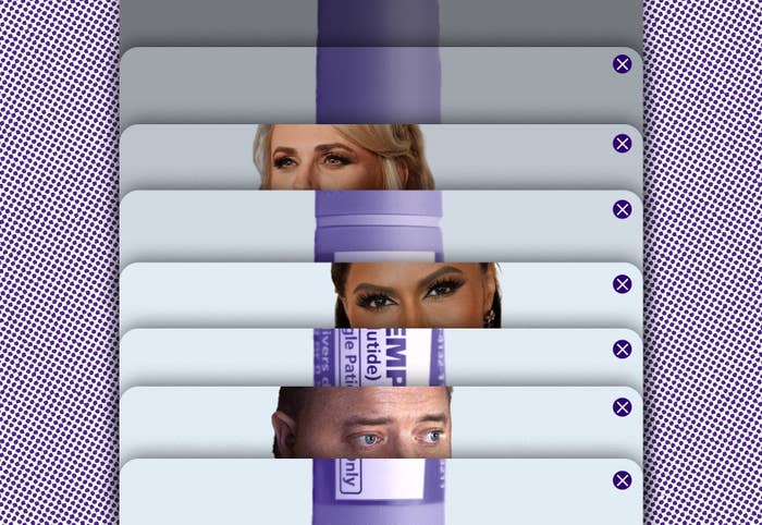 A graphic shows Rebel Wilson, Brendan Fraser, and Mindy Kaling&#x27;s eyes peeking out between internet tabs, interspersed with the label for the drug Ozempic