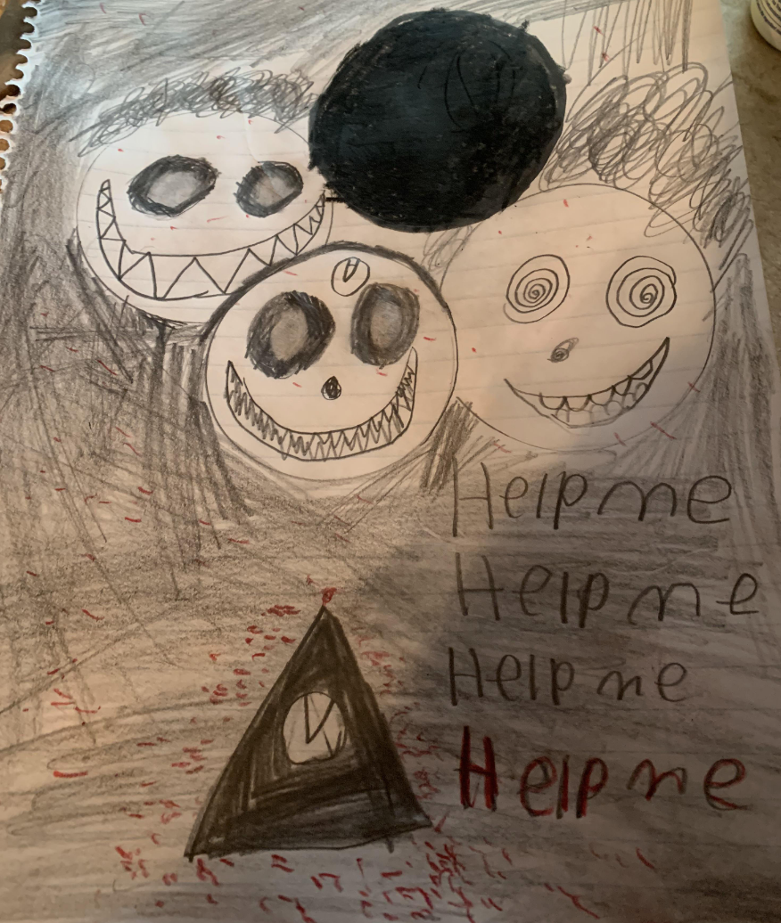 A creepy drawing saying &quot;Help me Help me Help me&quot;