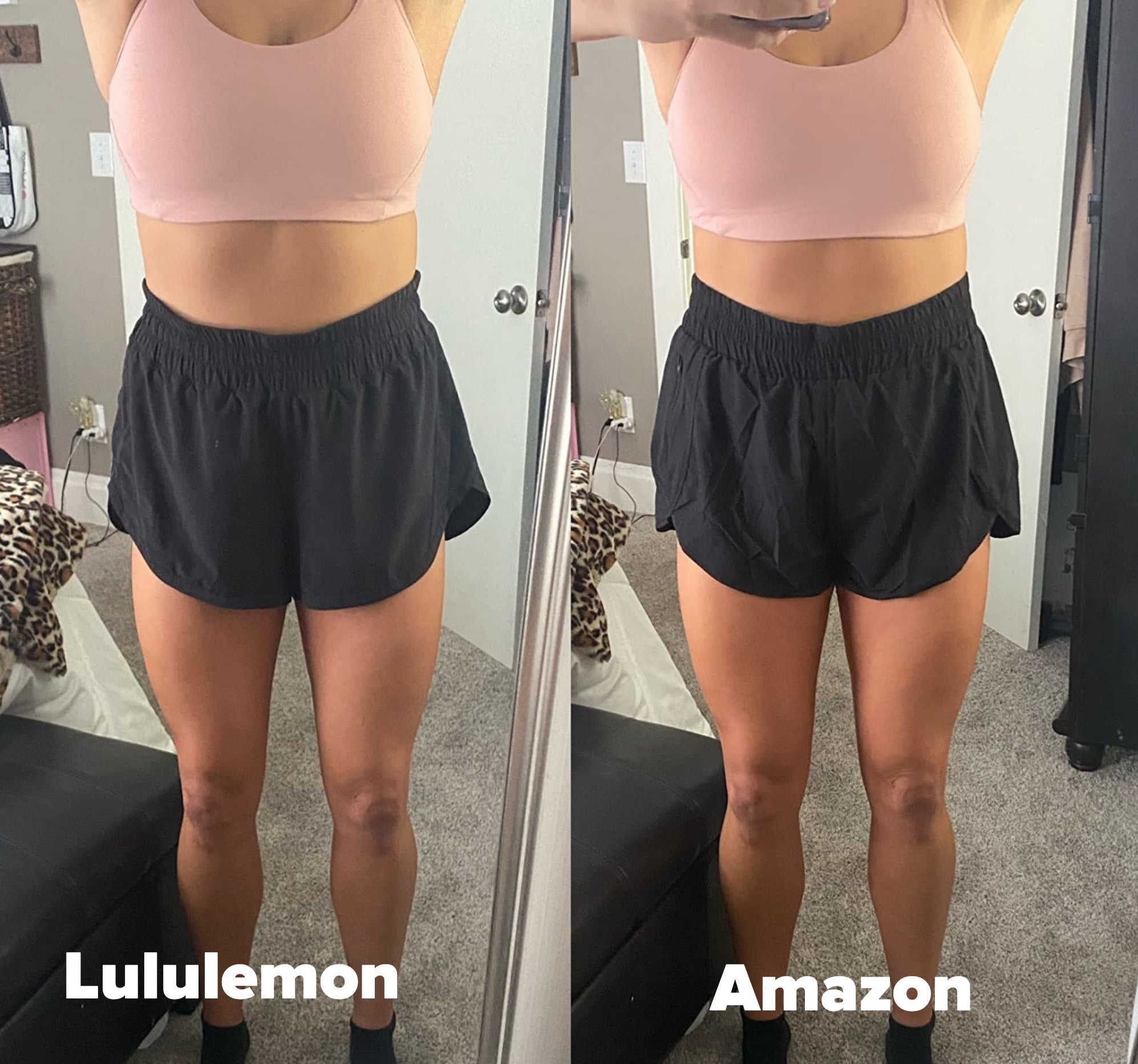 Reviewer&#x27;s side by side showing lululemon high waisted shorts on left and nearly identical Amazon shorts on the right