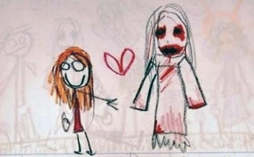 A drawing of a little girl and her imaginary friend