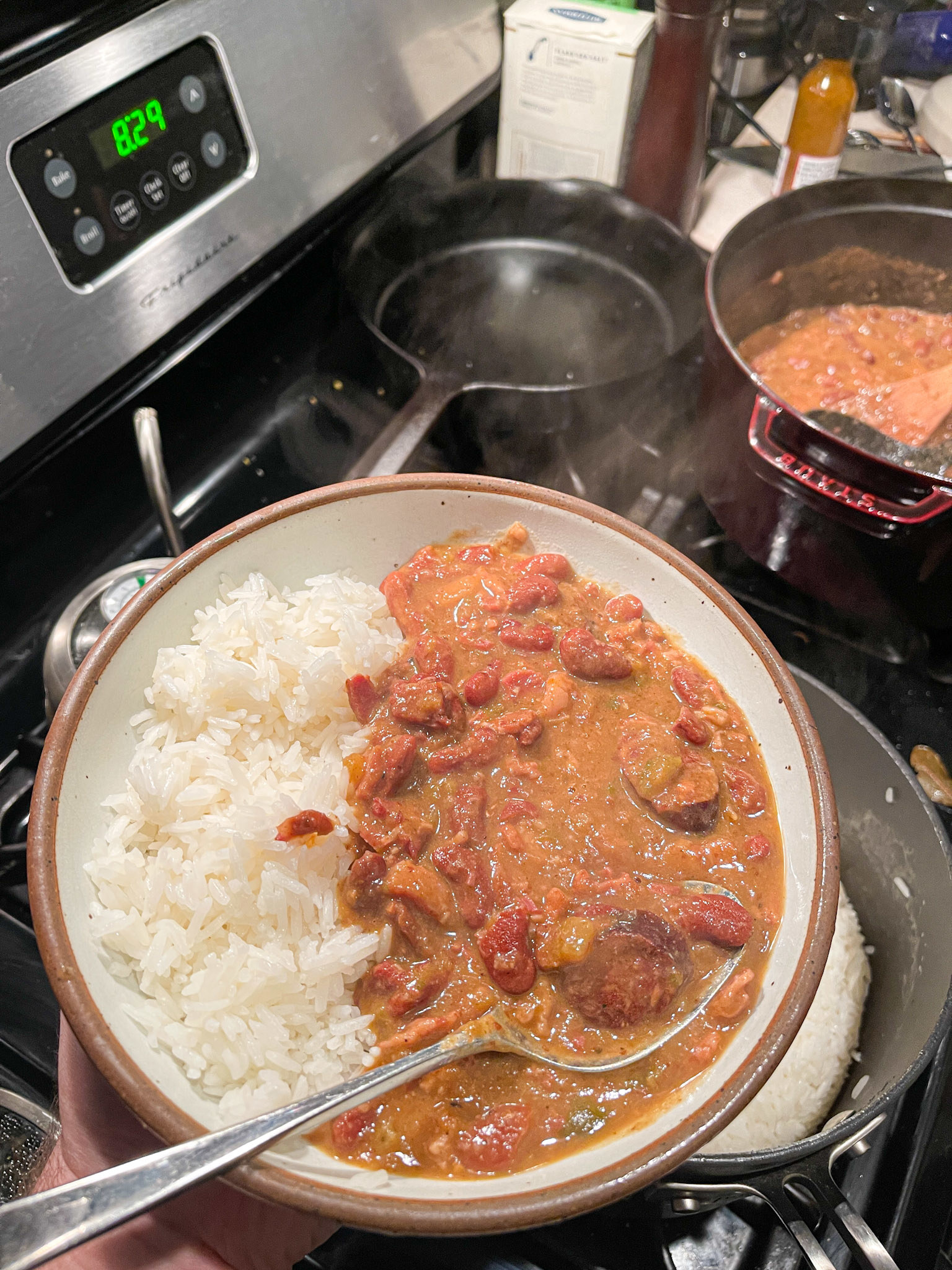 Red beans and rice in a bowl, served