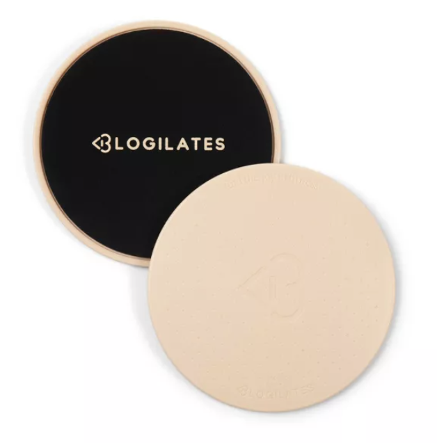 beige slider discs that say &quot;Blogilates&quot;