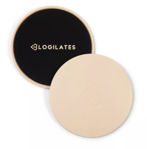 beige slider discs that say "Blogilates"