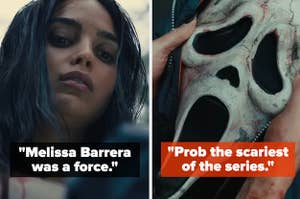 sam holding the ghostface mask in scream 6 with the text melissa barrera was a force and prob the scariest of the series