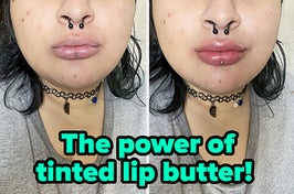 L: a reviewer not wearing any lip color, R: the same reviewer wearing a tinted lip butter and text reading "The power of tinted lip butter!"