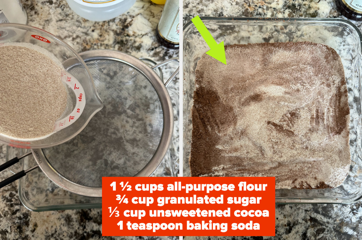 a side by side picture of sifting ingredients and the ingredients mixed together