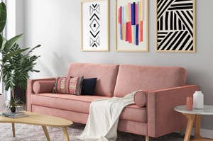 the square arm sofa in blush pink velvet