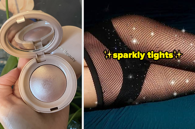 Rare Beauty highlighter and sparkly tights