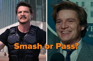 On the left is an image of Pedro Pascal as Marcus Moreno and on the right is Pedro as Maxwell Lord with a caption in the center asking Smash or pass