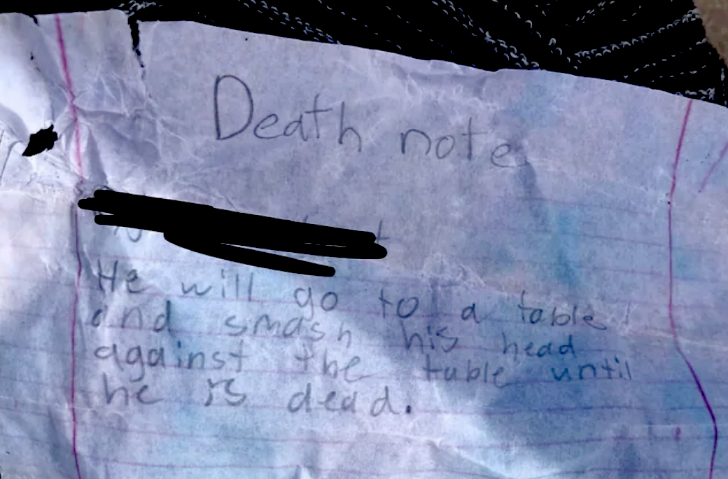 A &quot;Death note&quot; found on a playground