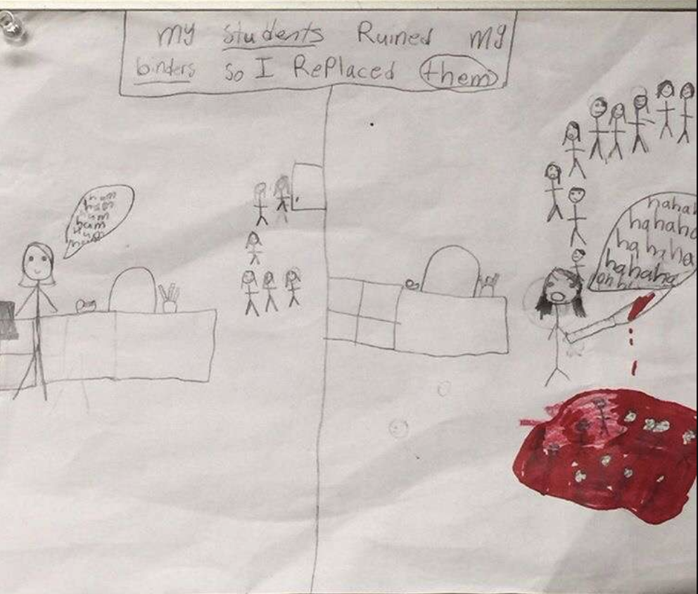 A drawing of a teacher killing students