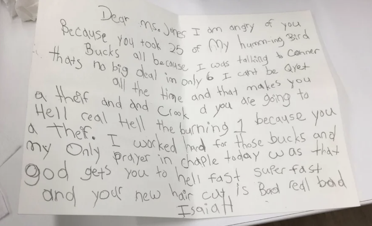 An angry note from a student to a teacher