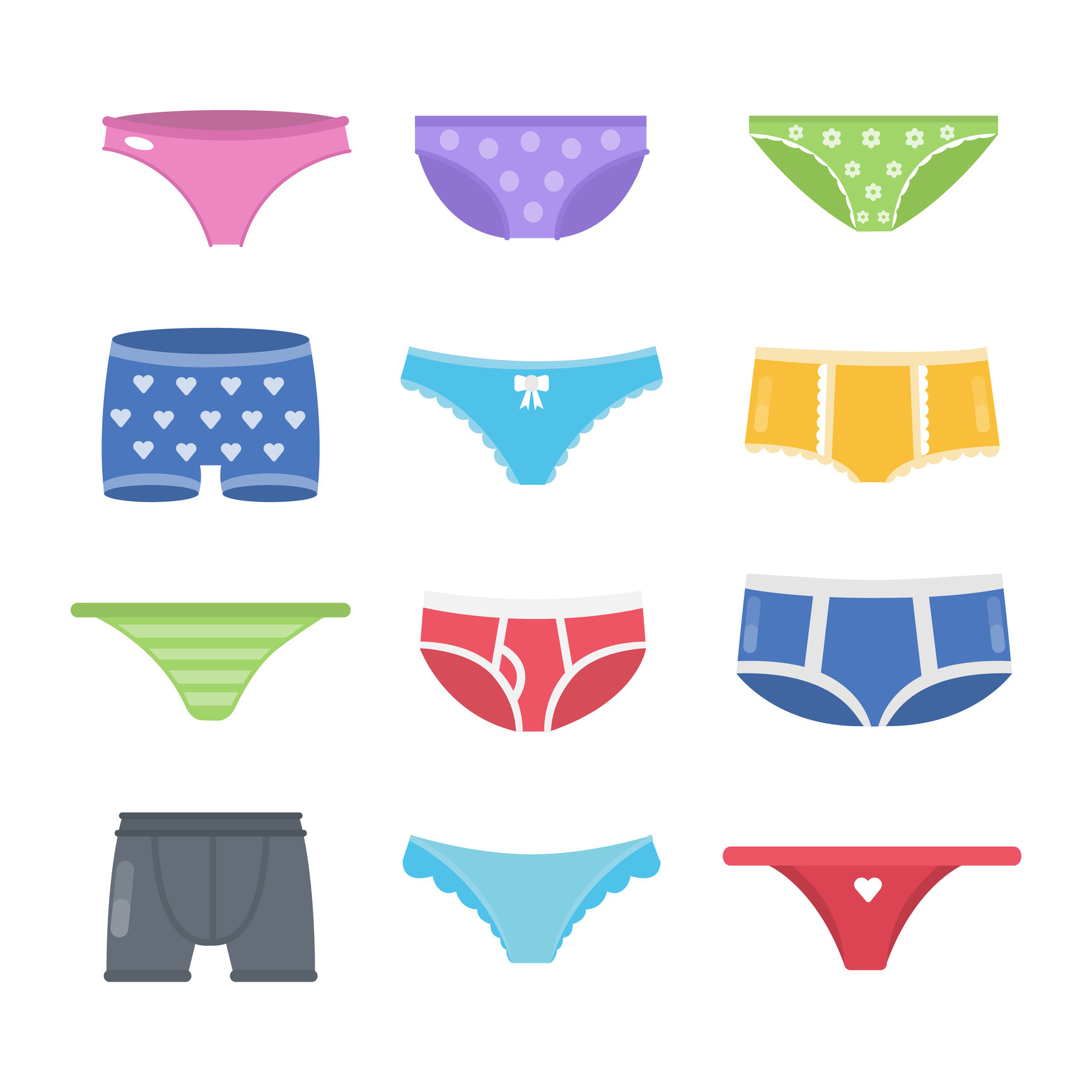 Illustrations of different types of underwear in different colors, including high-cut panties and briefs
