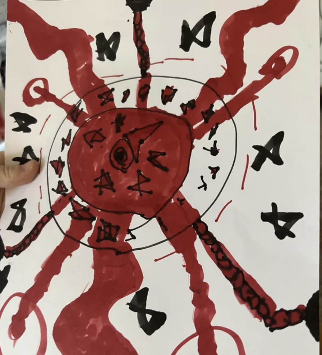 A creepy drawing with red and black and symbols
