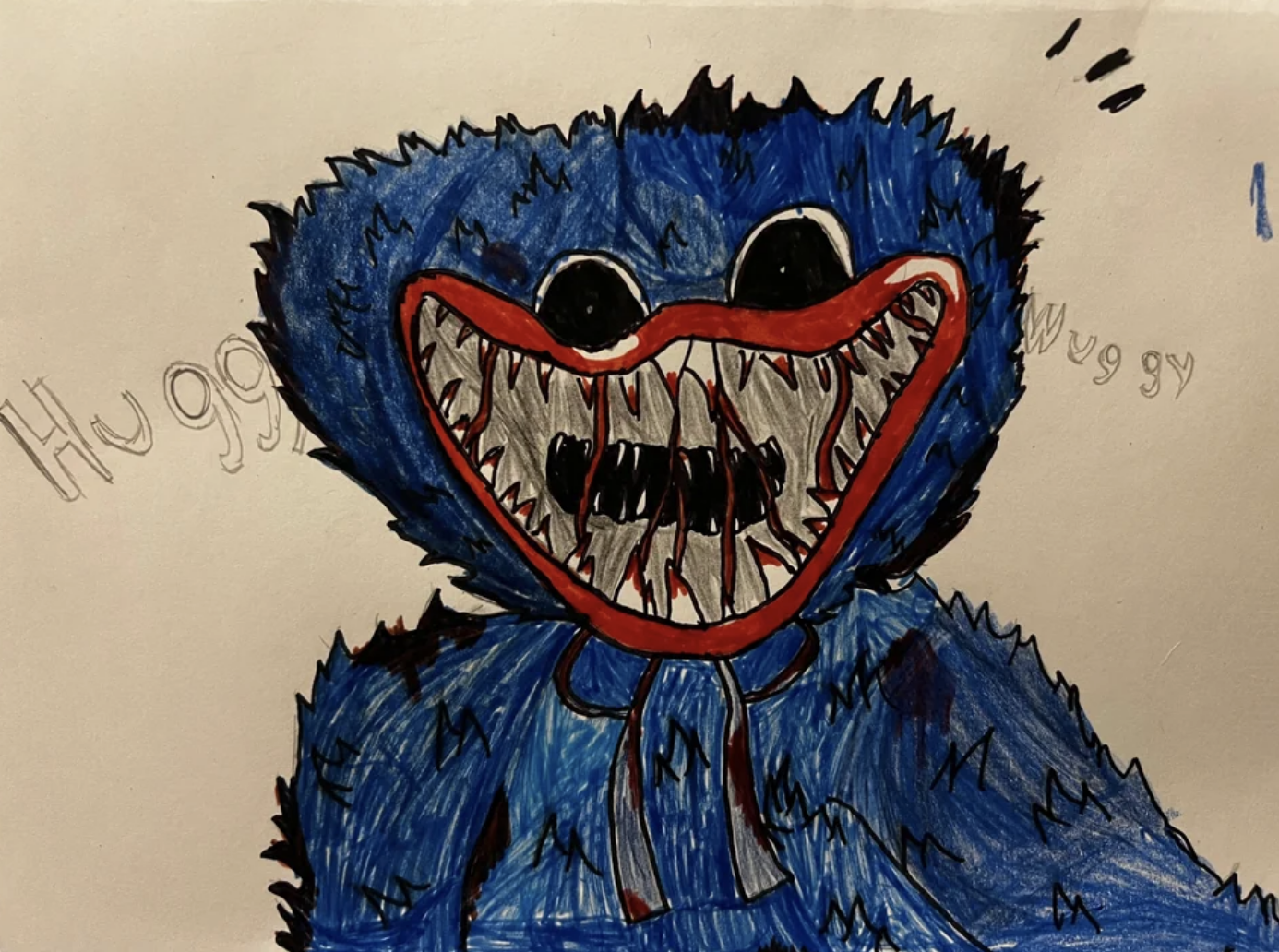 Drawing of a blue monster that says &quot;Huggy Wuggy&quot;