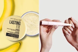 on left, yellow container of Maybelline Lasting Fix setting powder. on right, model using pink Olive & June cuticle pen on fingernails