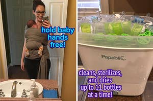 reviewer using Boba wrap to hold their baby while taking a selfie and reviewer's bottle sterilizer