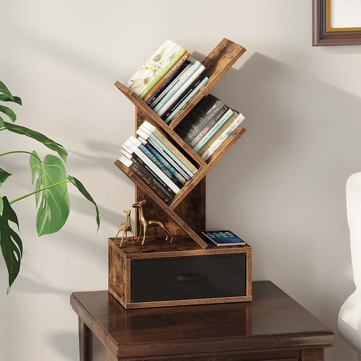 a wood book shelf on a night stand