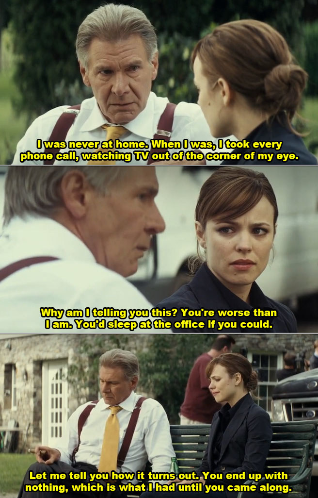 Harrison Ford and Rachel McAdams sitting on a bench in &quot;Morning Glory&quot;