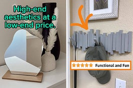 L: a reviewer photo of a wavy mirror in a bamboo base and text reading "High-end aesthetics at a low-end price.", R: a reviewer photo of a wall-mounted flip-down hook unit and a five-star review titled "Functional and Fun"
