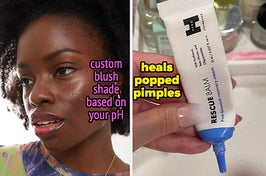 Model wearing Youthforia blush labeled "custom blush shade based on your pH" and reviewer holding their Hero rescue balm labeled "heals popped pimples"