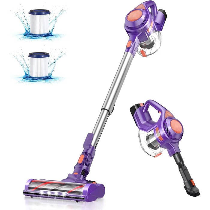 a purple cordless vacuum and mini-vacuum