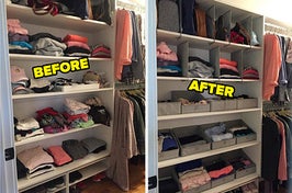 L: before photo of a reviewer's messy closet R: after photo of the same closet with clothes neatly piled and stored in organizers