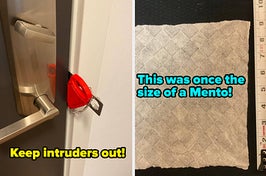 side by side image of a door lock installed in between the door and the threshold and a hydrated towel tablet