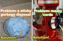L: blue foam coming out of a sink drain with text on image "problem: a stinky garbage disposal" R: red stand mixer with cord wrapped around an organizer with text on image "problem: messy cords"