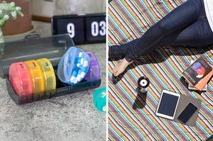 on left, colorful weekly pill organizer filled with vitamins and supplements. on right, model lounging on rainbow stripe blanket with iPad and silver travel mug
