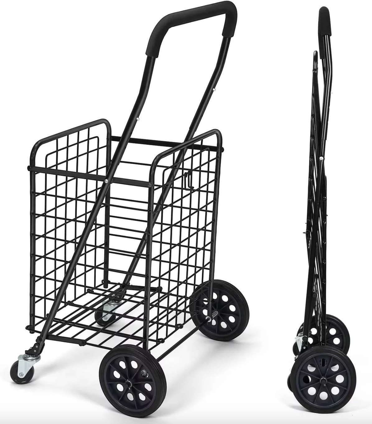 the black metal cart with four wheels, shown both expanded and folded flat