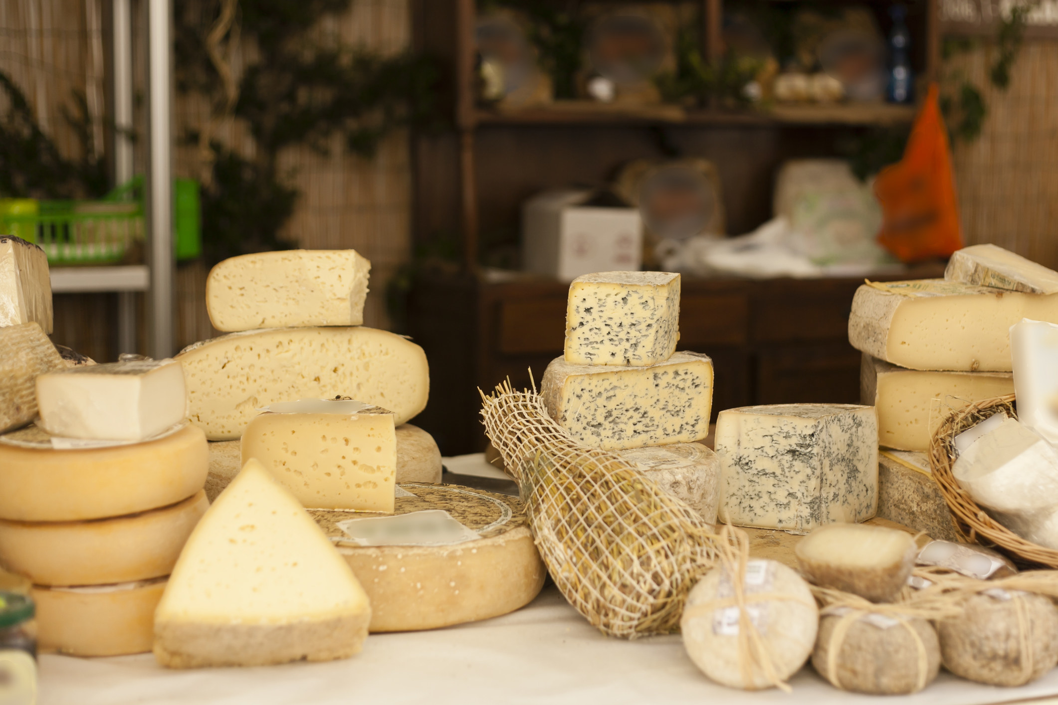 片不同的奶酪,整齐的排列在市场摊位。