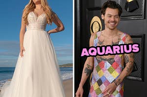 On the left, a bride wearing a strapless gown on the beach, and on the right, Harry Styles labeled Aquarius