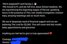 family posting they want money for their baby's religious school