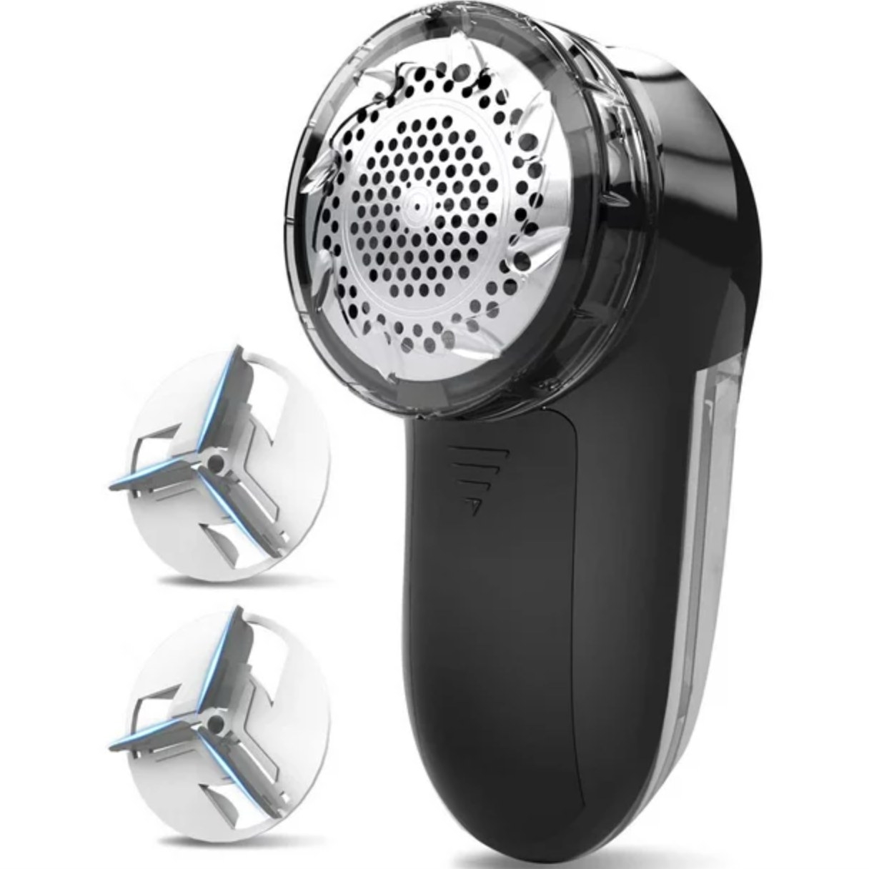 the black handheld shaver with two replacement blades