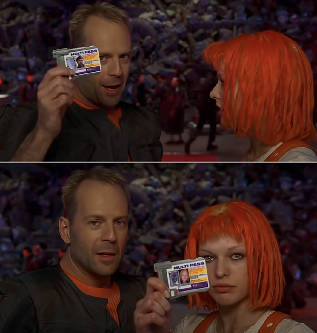 Bruce Willis and Milla Jovovich showing their multi-passes in &quot;The Fifth Element&quot;