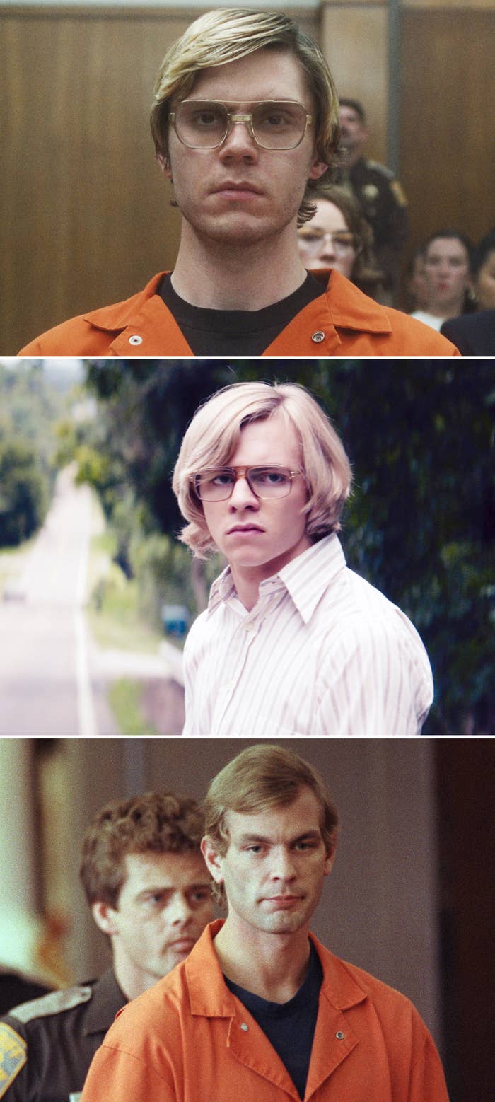 Side-by-sides of Evan Peters, Ross Lynch, and Jeffrey Dahmer