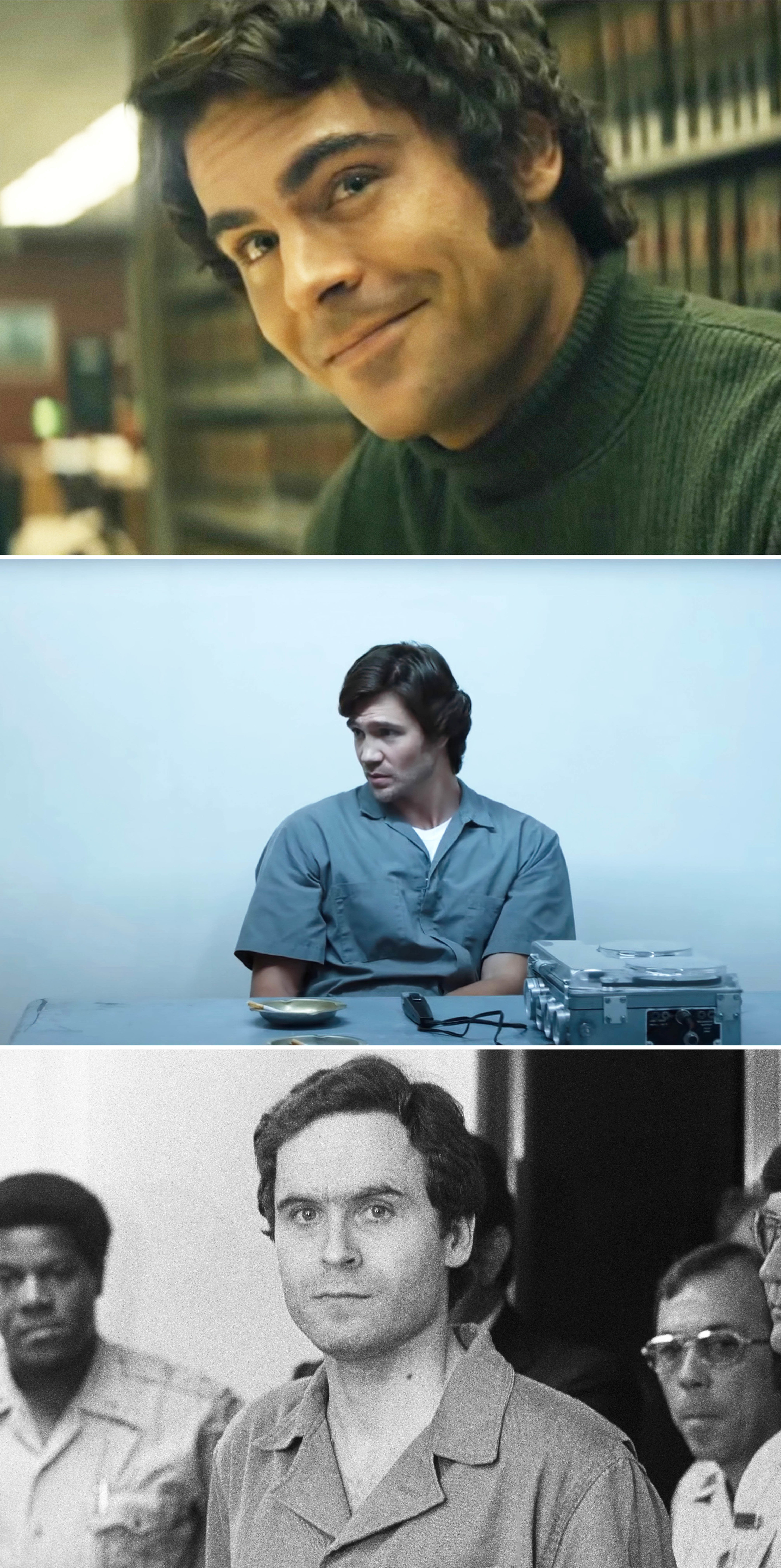 Side-by-sides of Zac Efron, Chad Michael Murray, and Ted Bundy