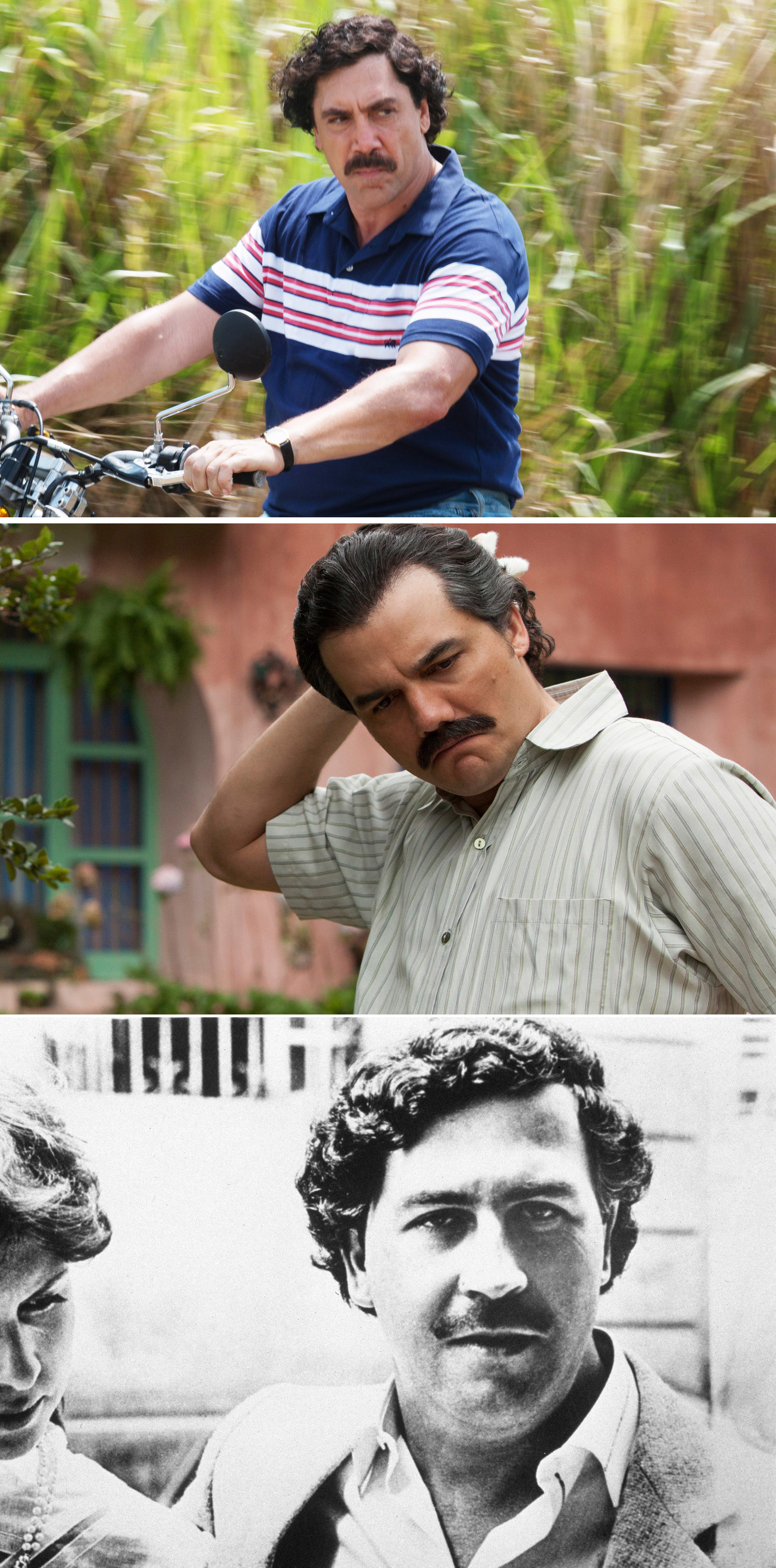 Side-by-sides of Javier Bardem, Wagner Moura, and Pablo Escobar
