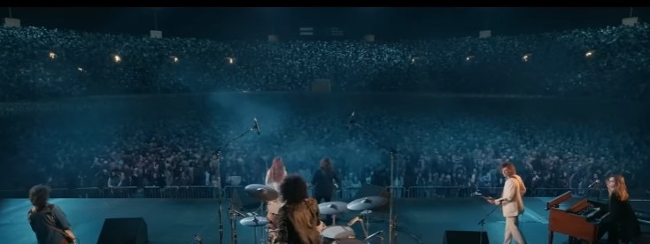 A screenshot from the trailer, showing the band performing to a sold out stadium