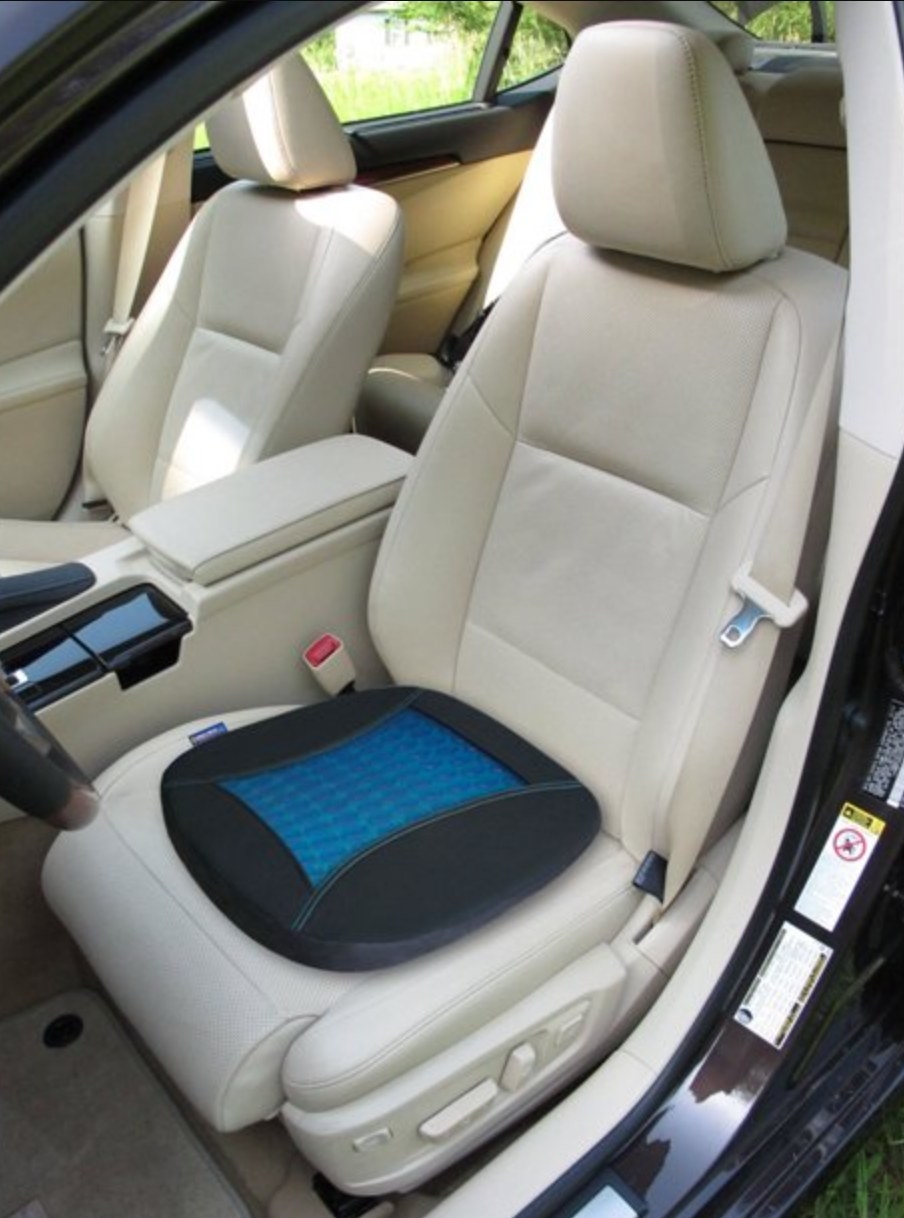 the black and blue cushion on the driver&#x27;s seat in a tan leather car