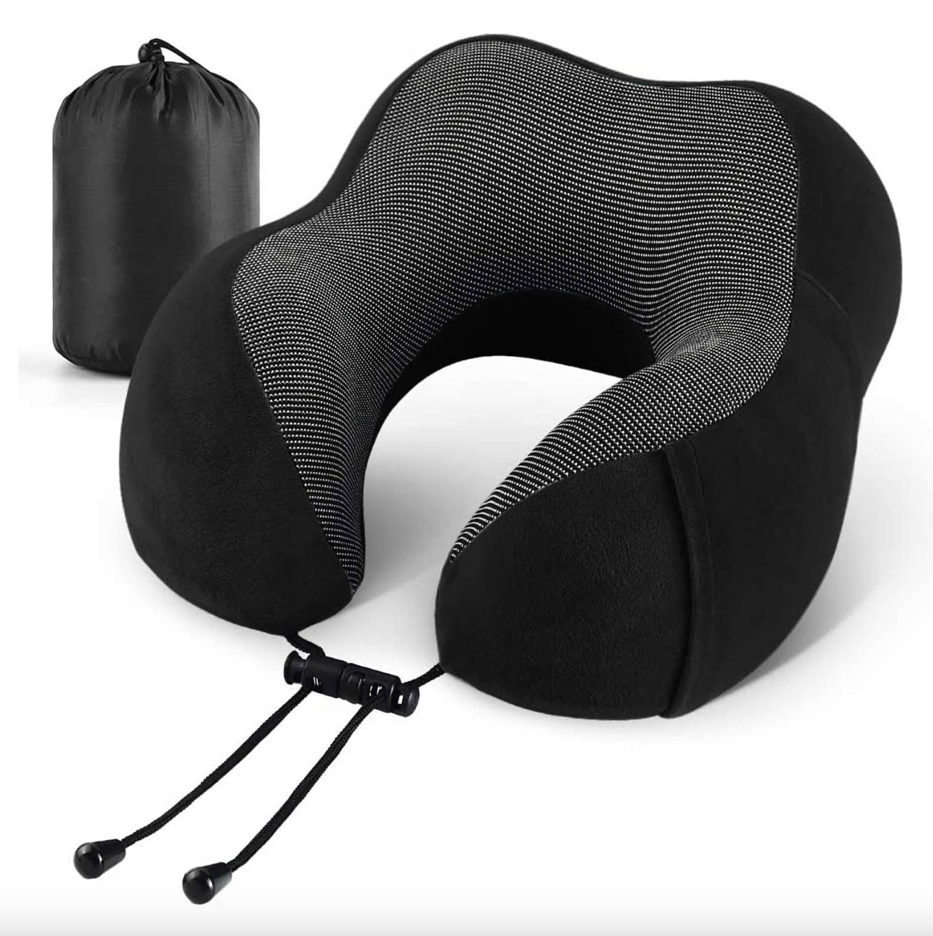 the black and grey neck pillow with a travel carrying case